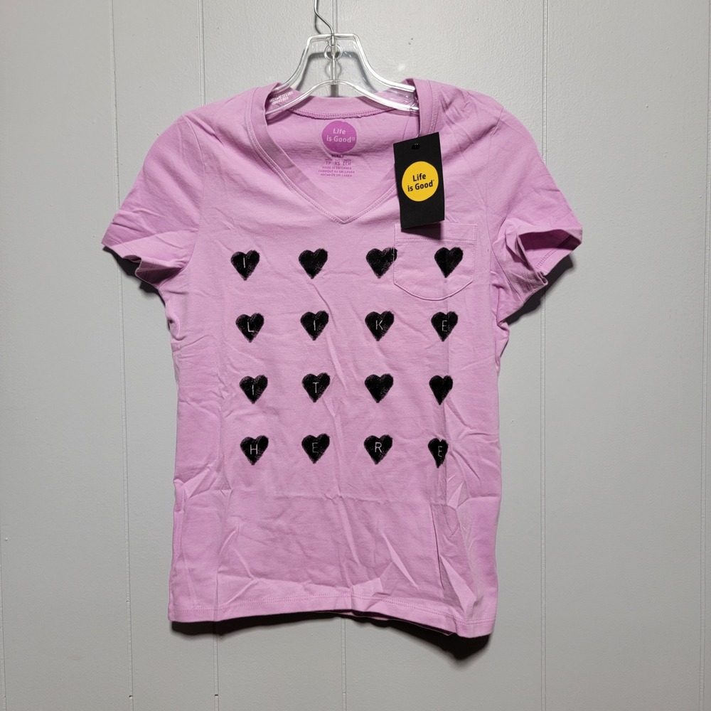 Life is Good Womens V-Neck Pocket T-Shirt Dream Pink Heart Graphic XS 44171